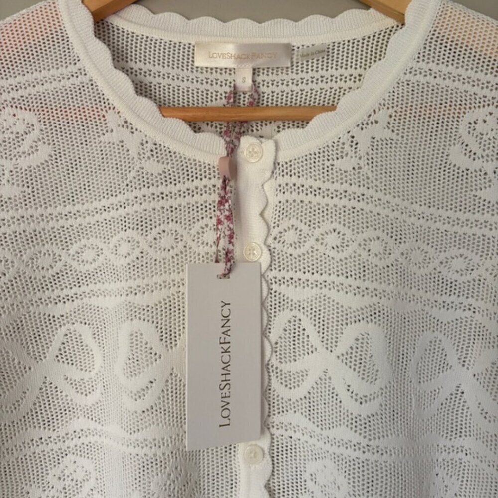 NWT Loveshackfancy Gretta Pointelle Knit Bow Cardigan Ivory White | S - Picture 8 of 13